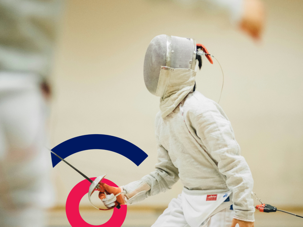 Image of a person Fencing with the Coordinate Sport Logo in the background