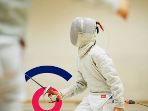 Image of a person Fencing with the Coordinate Sport Logo in the background
