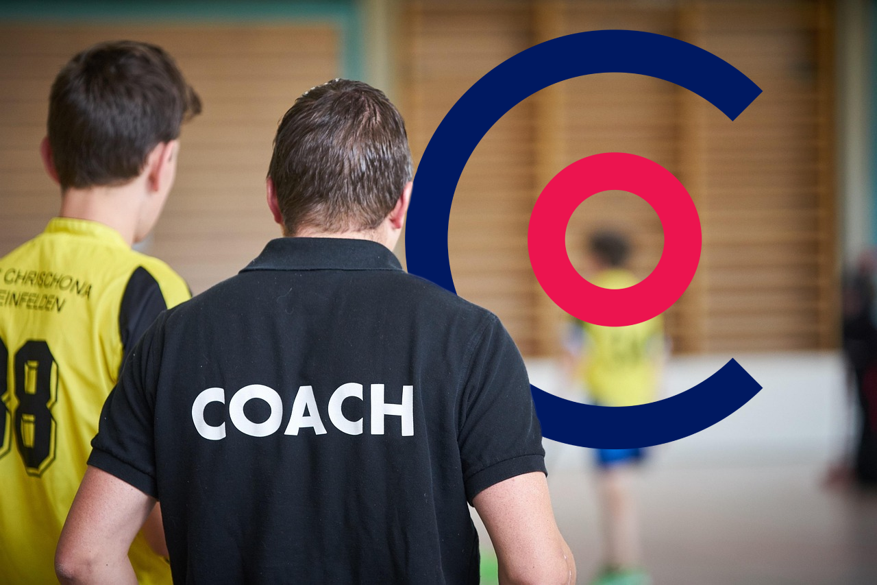 Image of a coach with players in a sports hall with the Coordinate Logo in the background