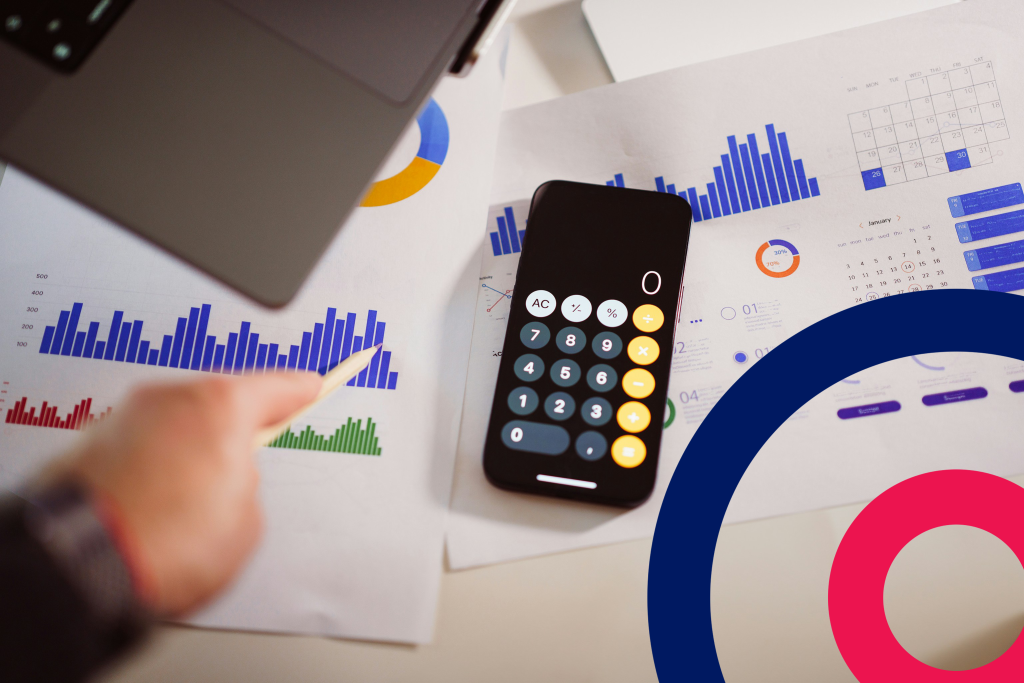 Print outs of graphs and calendars with an open phone calculator in the middle. The Coordinate Logo in the bottom right.